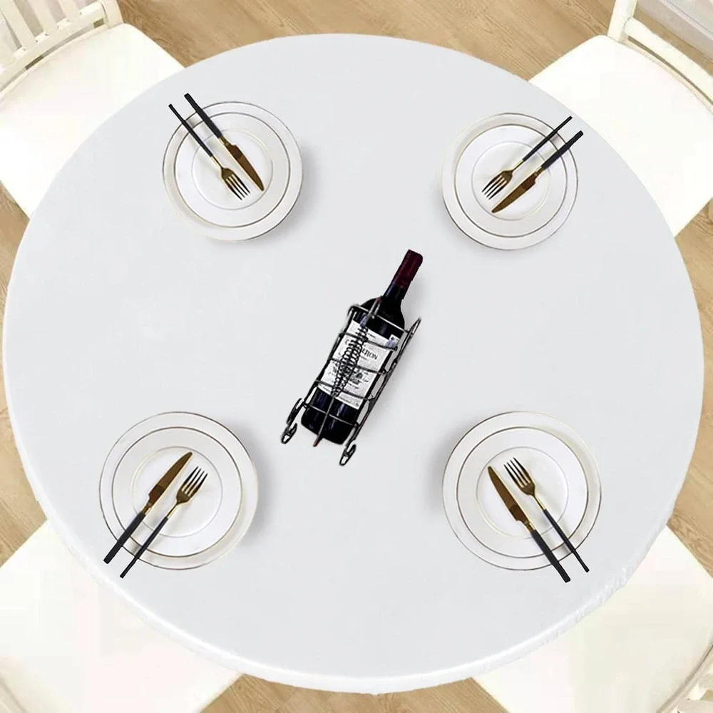 White Round Fitted Tablecloth Elastic Edge Waterproof Oilproof 